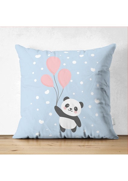 Çift Taraflı Uçan Balonlar ve Sevimli Panda Desenli Çocuk Odası Süet Yastık Kırlent Kılıfı