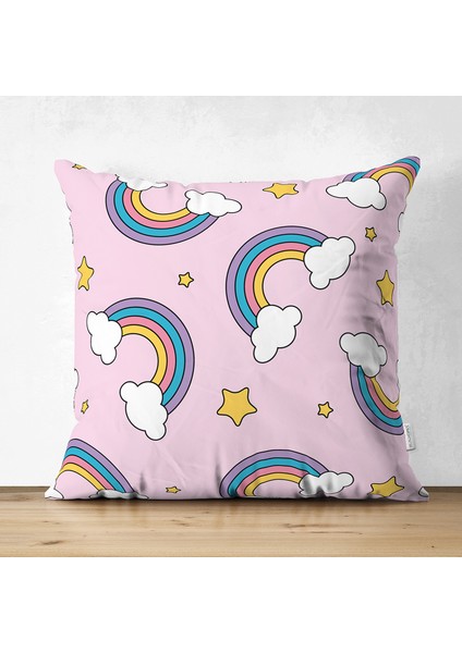 Çift Taraflı Pembe Zeminde Unicorn Gökkuşağı Dijital Baskılı Modern Süet Kırlent Kılıfı