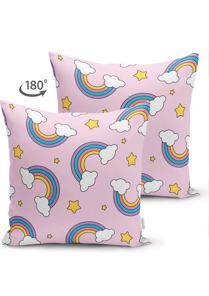 Çift Taraflı Pembe Zeminde Unicorn Gökkuşağı Dijital Baskılı Modern Süet Kırlent Kılıfı