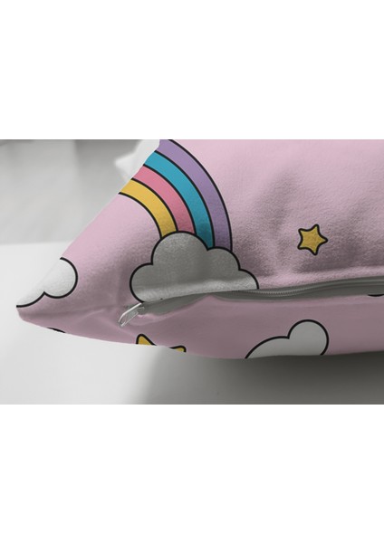 Çift Taraflı Pembe Zeminde Unicorn Gökkuşağı Dijital Baskılı Modern Süet Kırlent Kılıfı