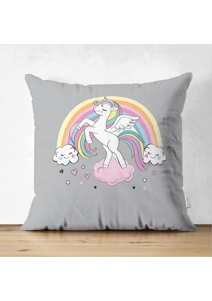 Çift Taraflı Gri Zeminde Unicorn At ve Kalpler Tasarımlı Çocuk Odası Süet Yastık Kırlent Kılıfı
