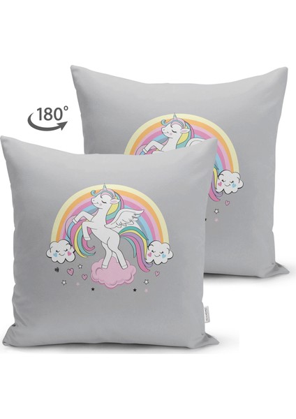 Çift Taraflı Gri Zeminde Unicorn At ve Kalpler Tasarımlı Çocuk Odası Süet Yastık Kırlent Kılıfı