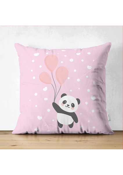 Çift Taraflı Uçan Balonlar ve Sevimli Panda Desenli Çocuk Odası Süet Yastık Kırlent Kılıfı