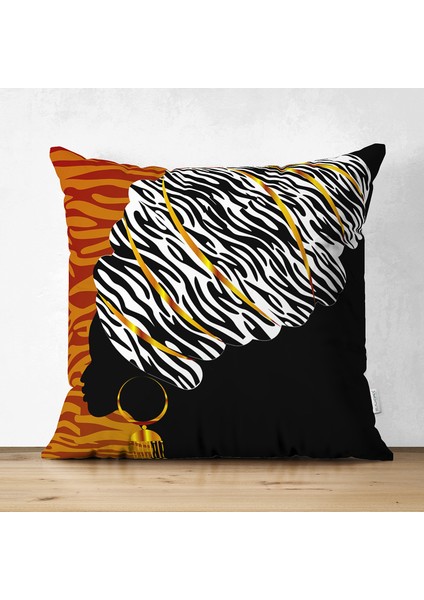 Siyah ve Karamel Zeminde Zenci Kadın Çift Taraflı Dijital Baskılı Süet Kırlent Kılıfı