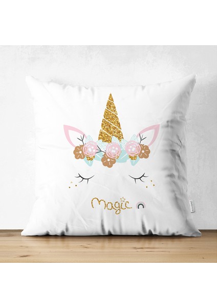 Çift Taraflı Beyaz Zeminde Magic Unicorn Tasarımlı Çocuk Odası Süet Yastık Kırlent Kılıfı