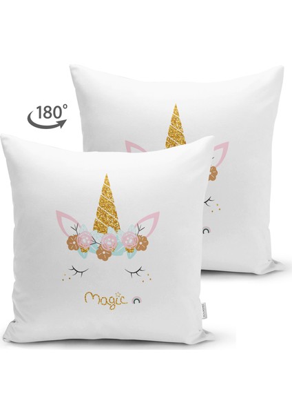 Çift Taraflı Beyaz Zeminde Magic Unicorn Tasarımlı Çocuk Odası Süet Yastık Kırlent Kılıfı