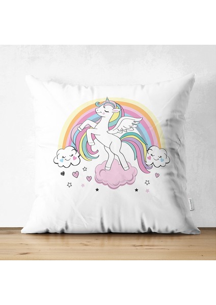 Çift Taraflı Beyaz Zeminde Unicorn At ve Yıldızlar Çocuk Odası Süet Yastık Kırlent Kılıfı