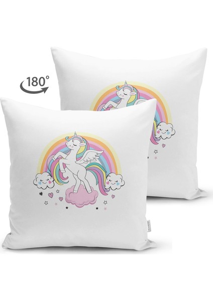 Çift Taraflı Beyaz Zeminde Unicorn At ve Yıldızlar Çocuk Odası Süet Yastık Kırlent Kılıfı