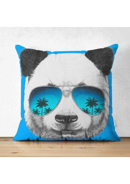 Çift Taraflı Mavi Zeminde Gözlüklü Cool Panda Motifli Dekoratif Süet Kırlent Kılıfı