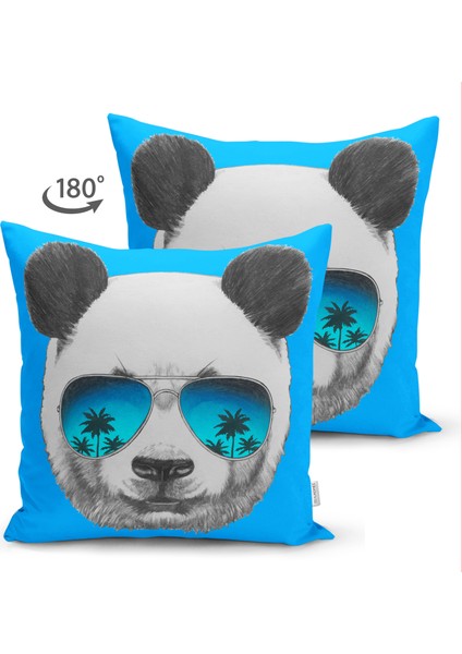 Çift Taraflı Mavi Zeminde Gözlüklü Cool Panda Motifli Dekoratif Süet Kırlent Kılıfı fiyatları