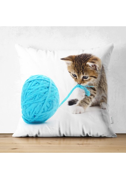 Iple Oynayan Yavru Kedi Desenli Modern Çift Taraflı Süet Yastık Kırlent Kılıfı