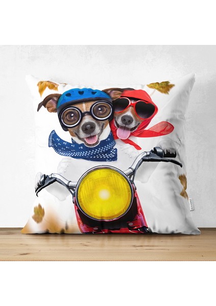 Çift Taraflı Motor Süren Çılgın Köpekler Dijital Baskılı Modern Süet Yastık Kırlent Kılıfı