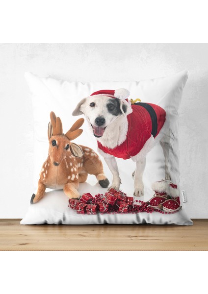 Çift Taraflı Yılbaşı Kıyafetli Köpek Desenli Dijital Baskılı Modern Süet Yastık Kırlent Kılıfı