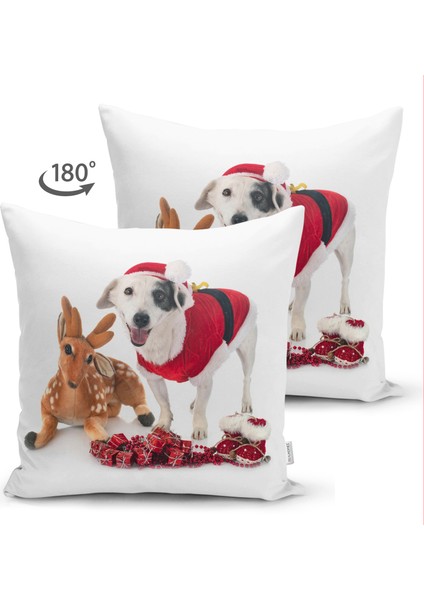Çift Taraflı Yılbaşı Kıyafetli Köpek Desenli Dijital Baskılı Modern Süet Yastık Kırlent Kılıfı