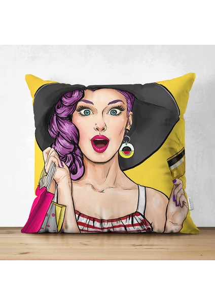 Çift Taraflı Pop Art Resimli Dijital Baskılı Dekoratif Süet Yastık Kırlent Kılıfı