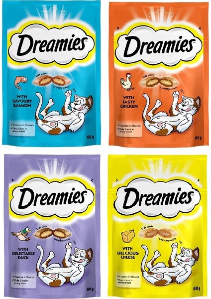 Dreamies 4 Paket(Somon+Tavuk+Ördek+Peynir)Kedi Ödül(1 Paket 60 Gr)