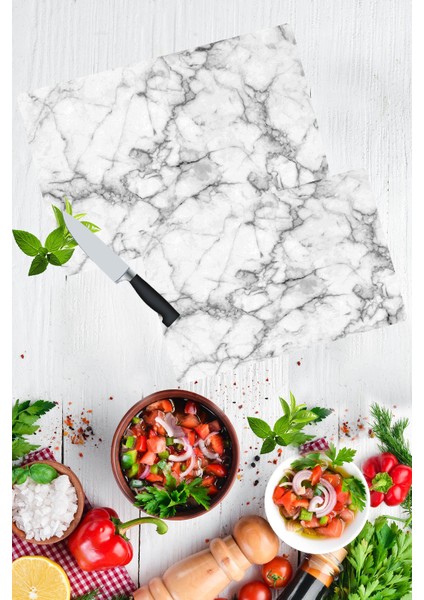 2'li Takım Beyaz Mermergörünümlü Takım Cam Kesme Tahtası - Cam Kesim Tablası