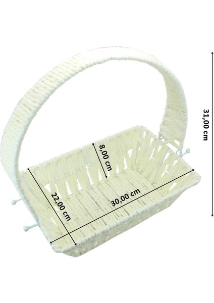 Süsle Bebek ve Parti Saplı Dikdörtgen Kumaş Süslü Sepet, 30 cm, Orta Boy Krem