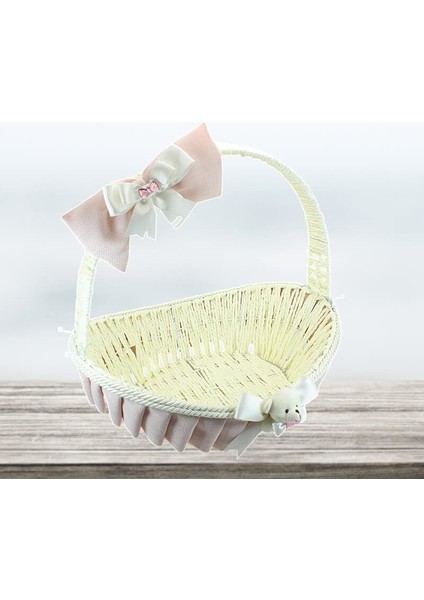 Süsle Bebek ve Parti Saplı Oval Kumaş Süslü Sepet, 36 cm, Orta Boy, Pembe