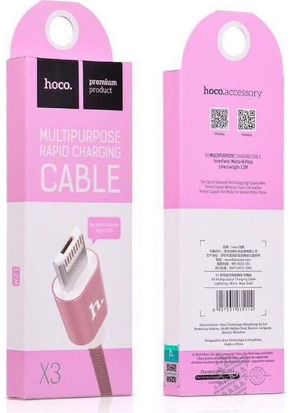 X3 Lightning Data ve Hızlı Şarj Kablosu Rose Gold