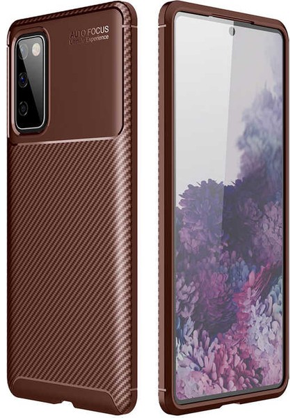 Samsung Galaxy S20 Fe Kılıf Karbon Desenli Lux Negro Silikon + Tam Kaplayan 5D Cam Ekran Koruyucu Kahverengi