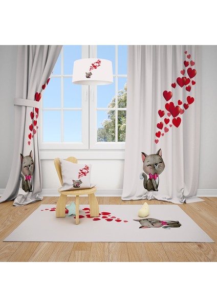 Talia Home Kalp ve Kedi Desen Çocuk ve Bebek  Odası Fon Perdesi 2 Kanat TLA-157