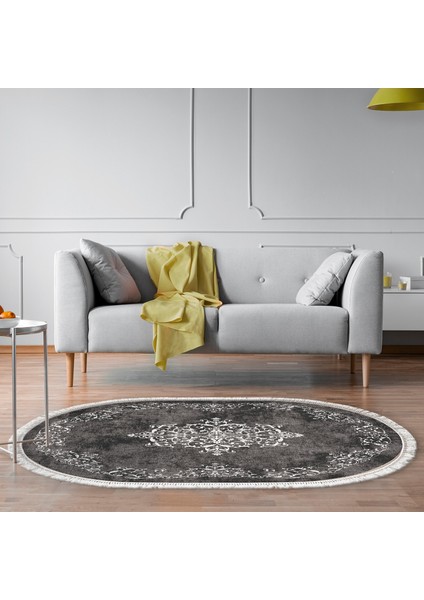Alanur Yıldız Kaymaz Deri Tabanlı Saçaklı Yıkanabilir Dijital Halı Oval Gri̇