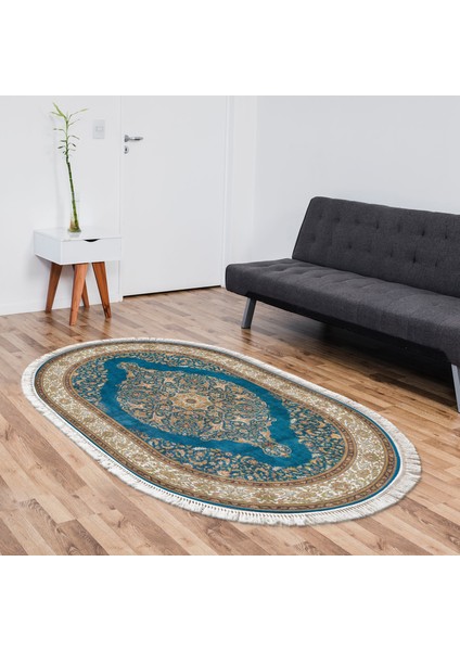 Alanur Yıldız Kaymaz Deri Tabanlı Saçaklı Yıkanabilir Dijital Halı Oval Mavi̇