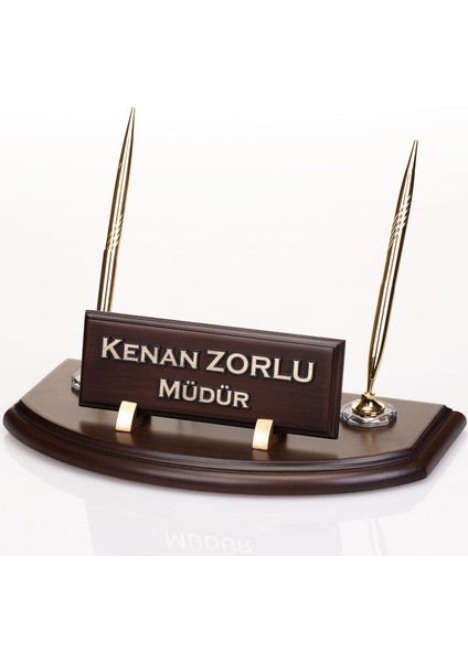 Kişiye Özel Çift Kalemli Ahşap Masa İsimliği Oval Ahşap Masa İsimlik