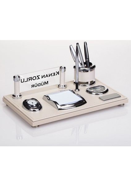 Moss Masa İsimlik Seti Beyaz Deri Ofis Masa İsimliği