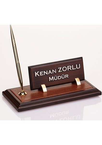 Kişiye Özel Deri Zeminli Ahşap Masa İsimliği Tek Kalemli Masa İsimlik