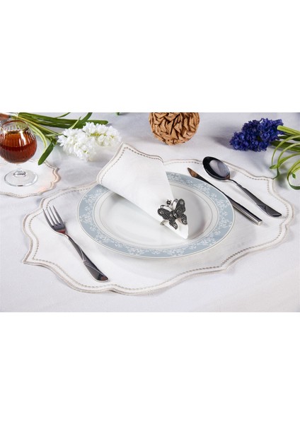 Caka Home 2'li Amerikan Servis Nakışlı Oymalı Keten Efektli Taş Renkli