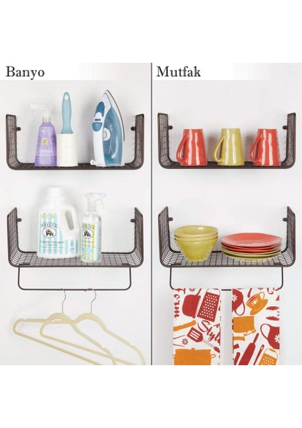 Go Dekor Metal Banyo Havlu Askılı Duvar Rafı ( 2'li Set )