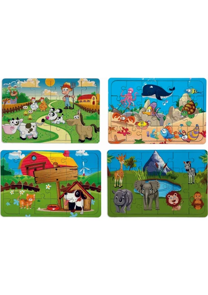 4 Adet Ahşap Puzzle Yapboz Set