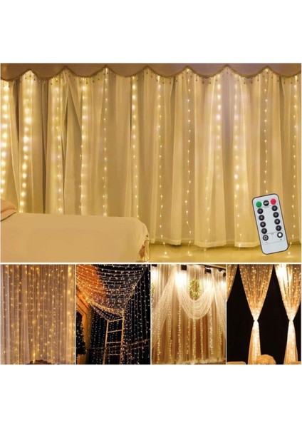 Peri Telli Perde LED Işık Kumandalı 200 Ledli 2 x 2 Metre Usb'li 8 Animasyonlu Günışığı