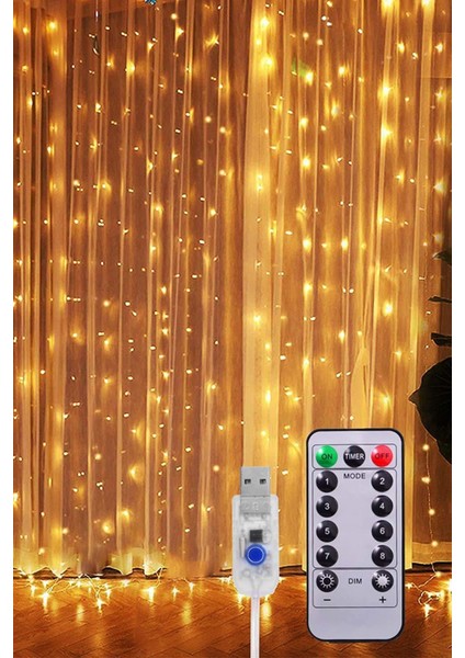 Peri Telli Perde LED Işık Kumandalı 200 Ledli 2 x 2 Metre Usb'li 8 Animasyonlu Günışığı