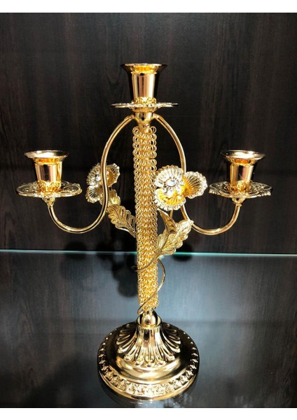 Gold Kristal Taşlı Jumbo Üçlü Mumluk Şamdan LKM017