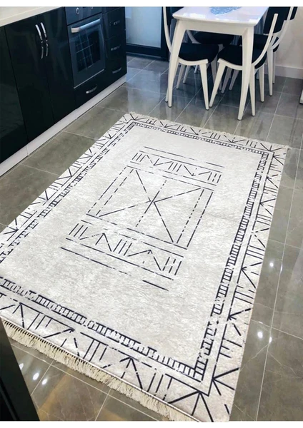 STY Home Hit Hit Kaymaz Tabanlı Yıkanabilir Halı Kilim Yolluk Dijital Baskı Beyaz Siyah