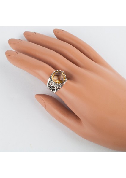 925 Ayar Gümüş El Tasarımı Telkari Sanatı Citrine Taşlı Kadın Yüzük