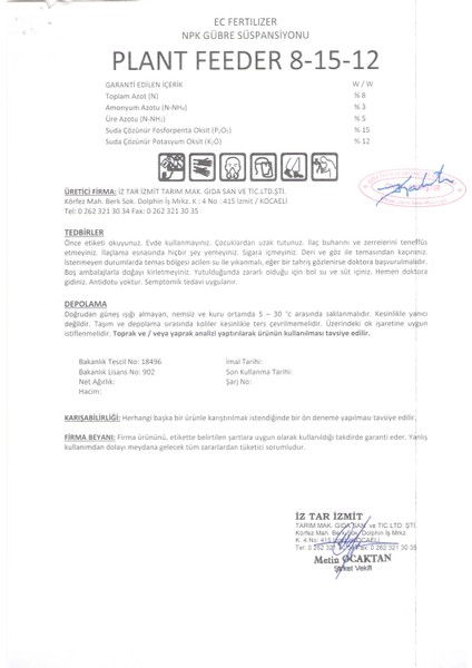 izagro 1 LT: Npk Gübre Çözeltisi Azot: 8 Fosfor: 15 Potas:12
