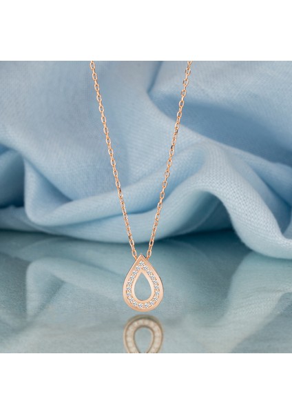 Gümüş Kolye Swarovskı Taşlı Damla Temalı Rose Kaplama Kadın Kolye