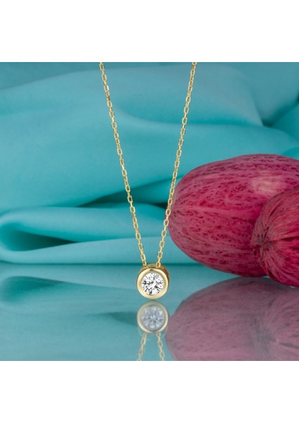 Gümüş Kolye Swarovskı Taşlı Tektaş Sıvama Altın Kaplama Kadın Kolye