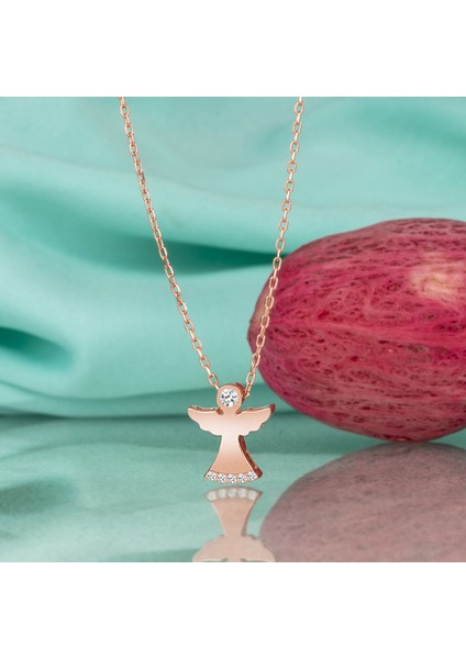 Gümüş Kolye Swarovskı Taşlı Melek Temalı Rose Kaplama Kadın Kolye