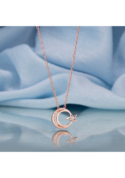 Gümüş Kolye Swarovskı Taşlı Ay Yıldız Temalı Rose Kaplama Kadın Kolye