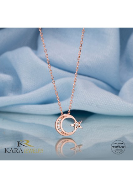 Gümüş Kolye Swarovskı Taşlı Ay Yıldız Temalı Rose Kaplama Kadın Kolye fiyatları
