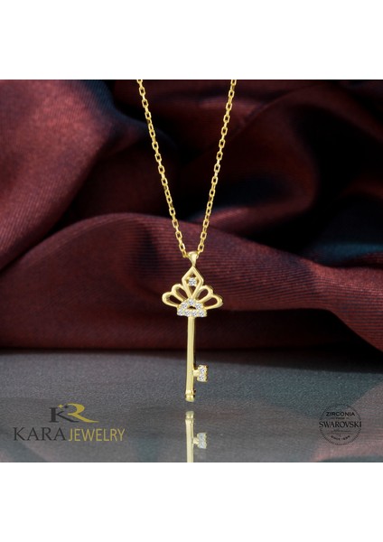Gümüş Kolye Swarovskı Taşlı Anahtar Temalı Altın Kaplama Kadın Kolye