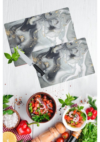 2'li Takım Gri Altın Mermer Görünümlü Takım Cam Kesme Tahtası - Cam Kesim Tablası