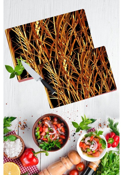 2'li Takım Altın Dal Görünümlü Takım Cam Kesme Tahtası - Cam Kesim Tablası