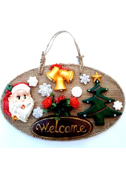 Welcome Yazılı Noel Babalı El Yapımı Yılbaşı Kapı Süsü