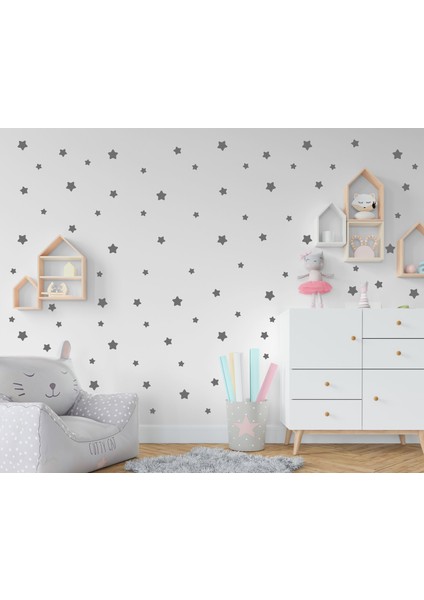 3-4-5 cm Mat Gri Kenarları Oval Yıldızlar Duvar Sticker 100 Adet